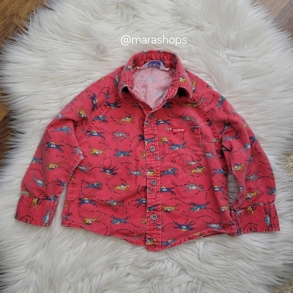 VTG OshKosh B'Gosh Vestbak Denim Set Overalls Red Race Horse
